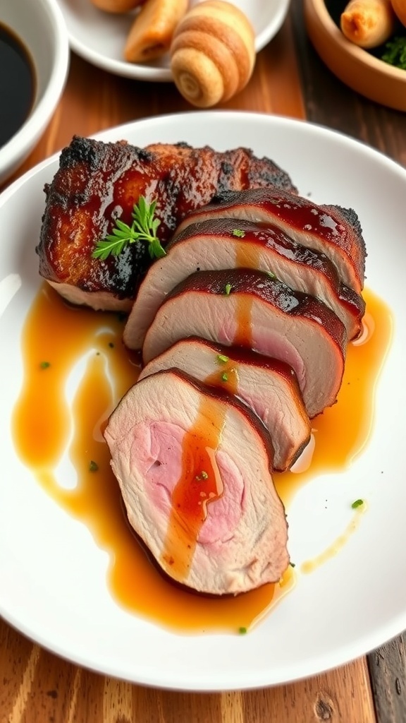 Duck Recipe Inspired by Chicken Little Sliced duck breast on a plate with honey-soy sauce and herbs, set on a rustic wooden table.